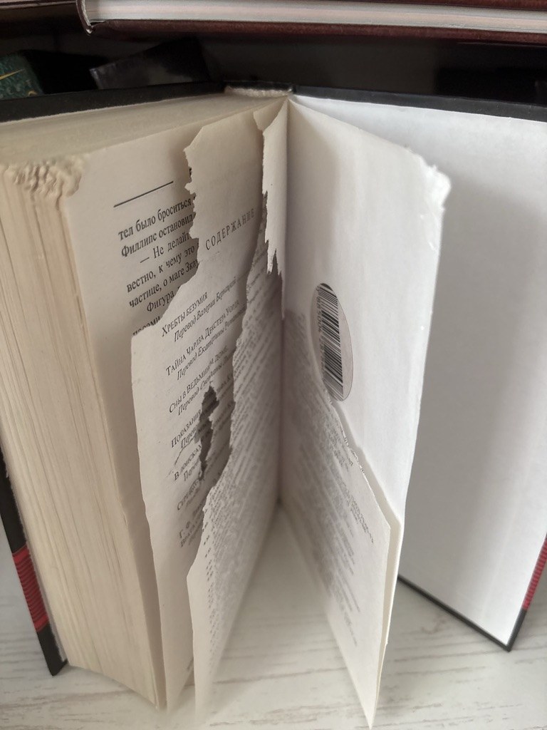 A hardback book standing open. The last pages and the back board are torn and chewed away at one corner, and the printed contents page is ripped through.