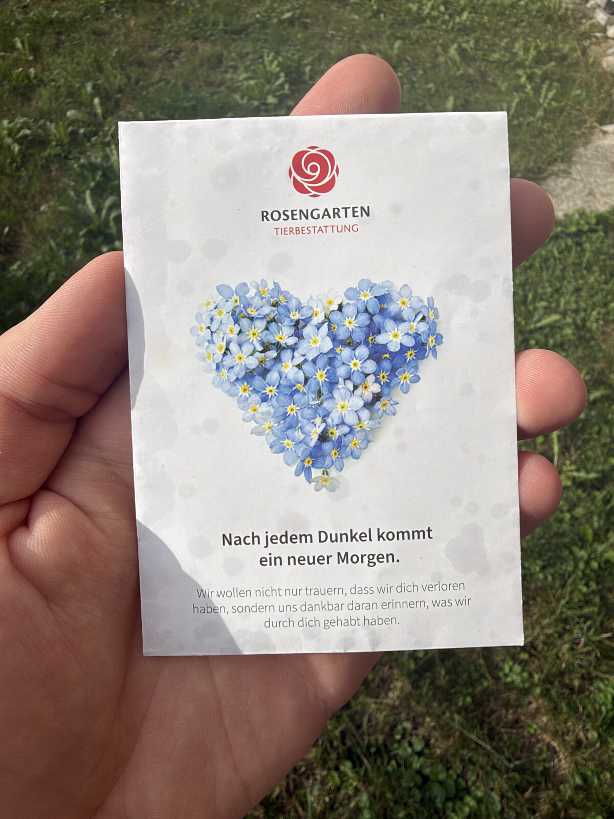 A small paper card held in one hand on grass, a red rose logo and the word Rosengarten at the top, a heart made out of blue forget me not flowers in the middle, German text underneath.